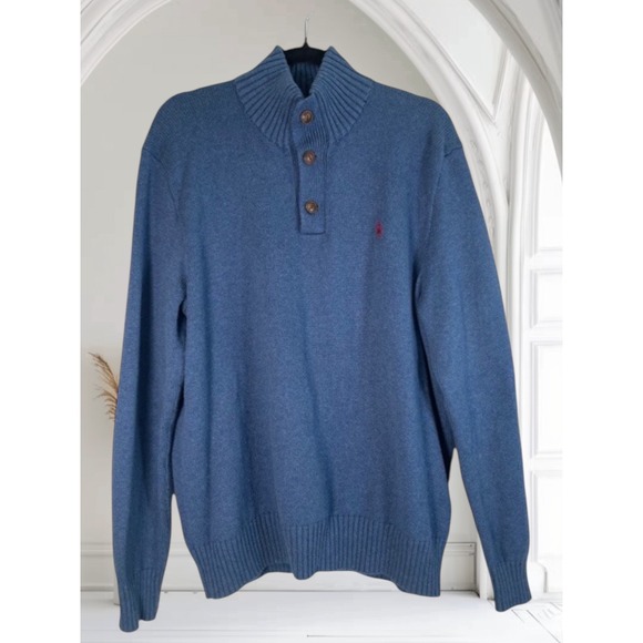 Polo Ralph Lauren Mens Cotton Knit Button Mock Neck Sweater Blue Medium - Picture 1 of 13
